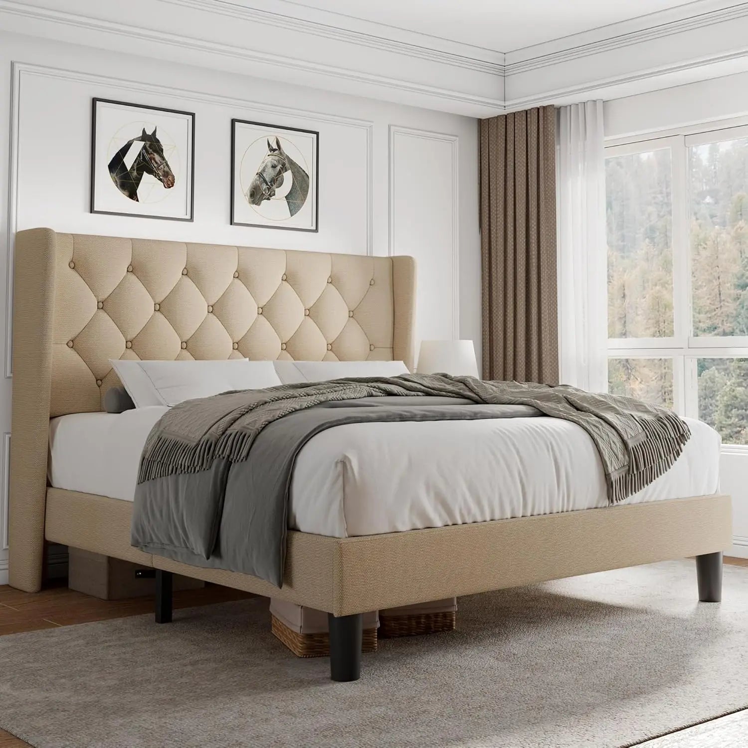 Queen Velvet Platform Bed Button Tufted Upholstered Frame
