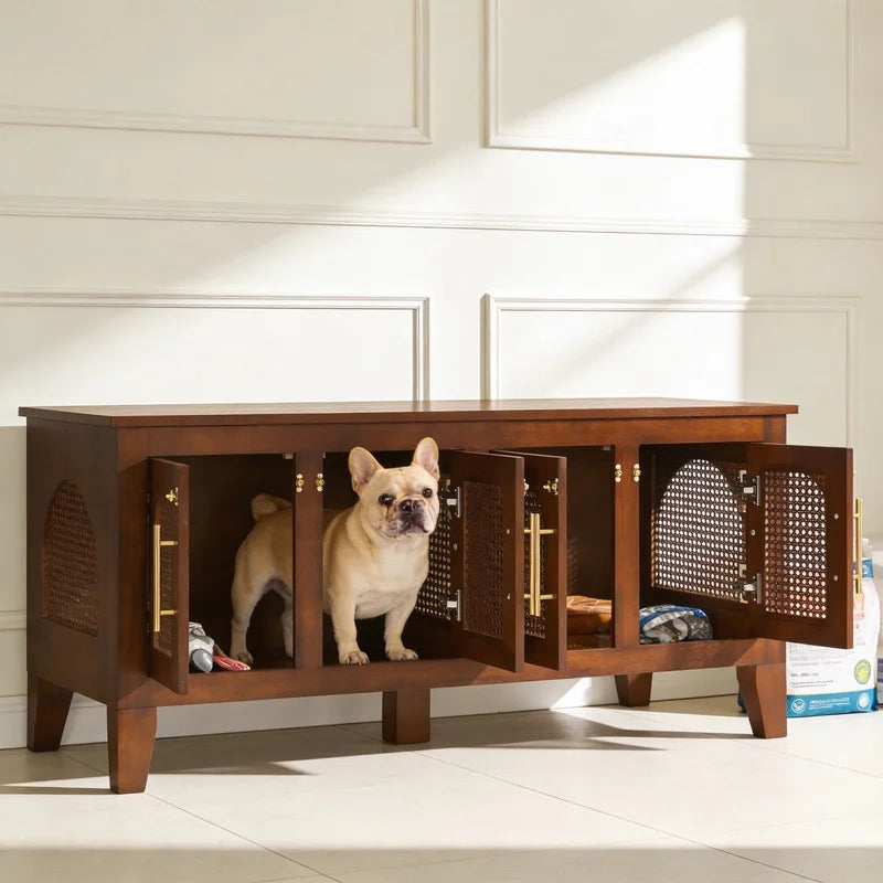 Large Indoor Rattan-Style Rubber Wood Dog Crate Cabinet with 4 Doors