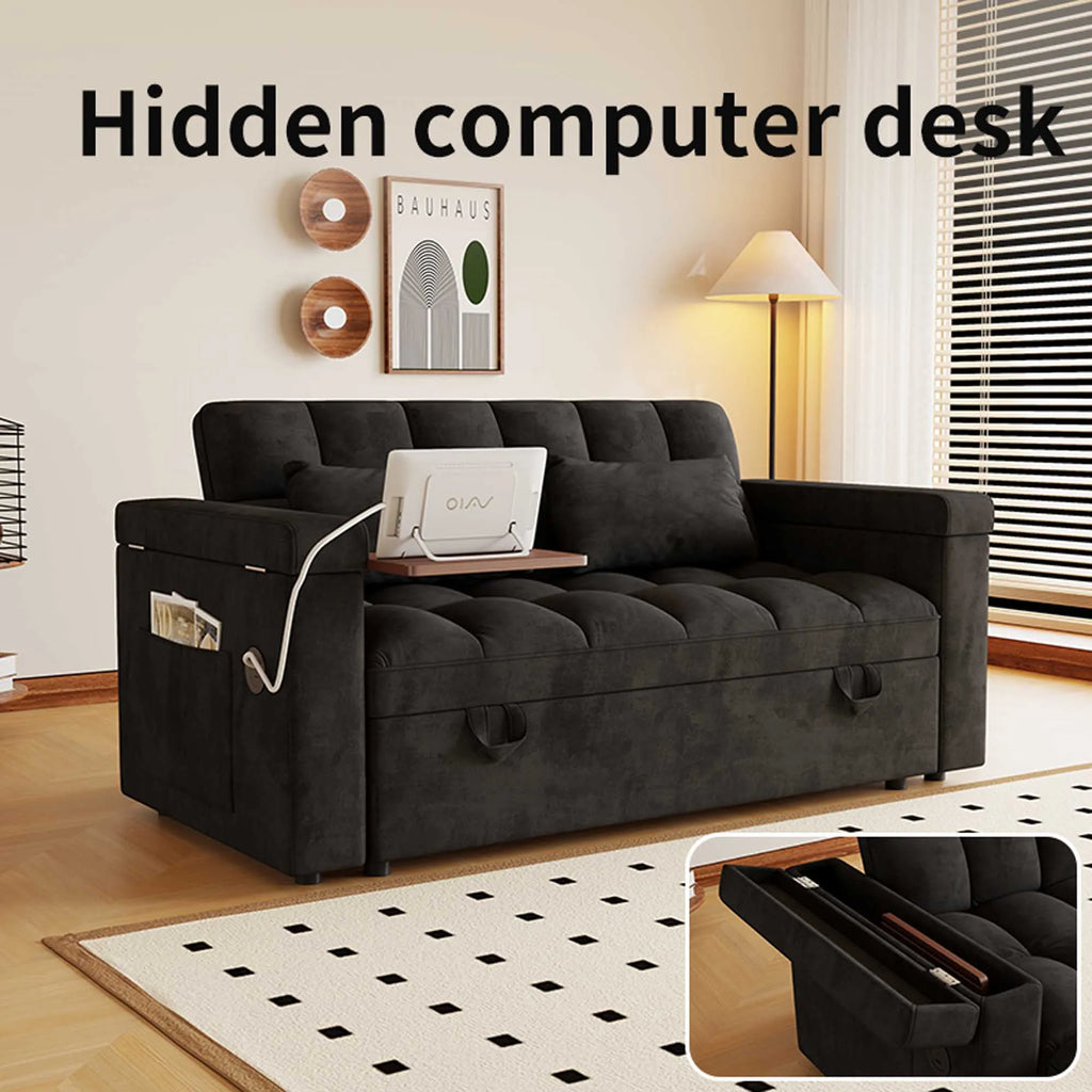 65" 3-in-1 Foldable Velvet Sofa Bed with USB Charging Port