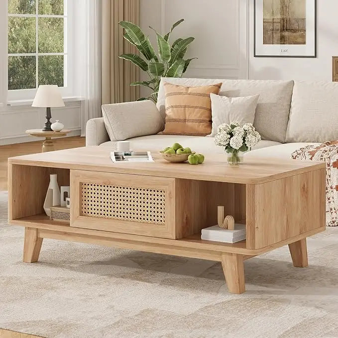 Modern Coffee Table with Rattan Drawer