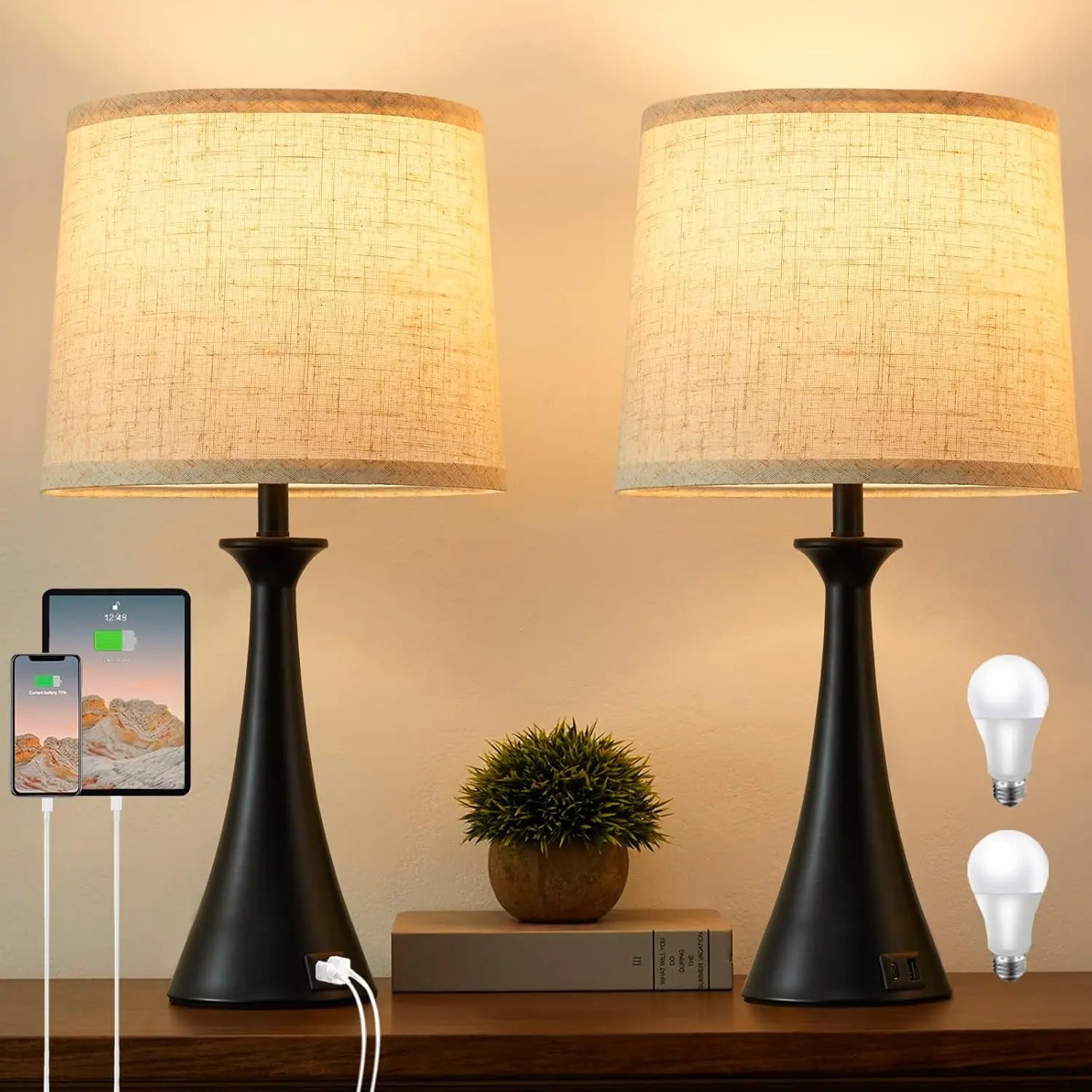 Touch Lamp , 21" Table Lamps Set of 2 with USB C+A Ports,