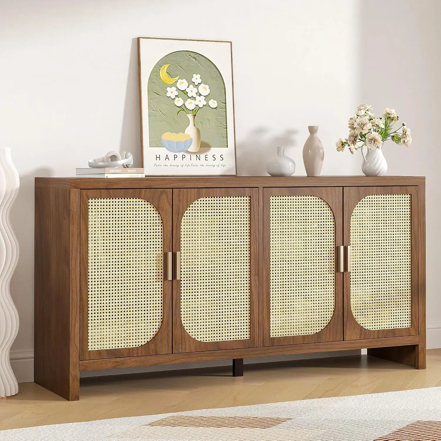 Sideboard Buffet Cabinet With Storage, Wooden Cabinet With 4 Doors Adjustable Shelves, For Kitchen, Dining, Customized