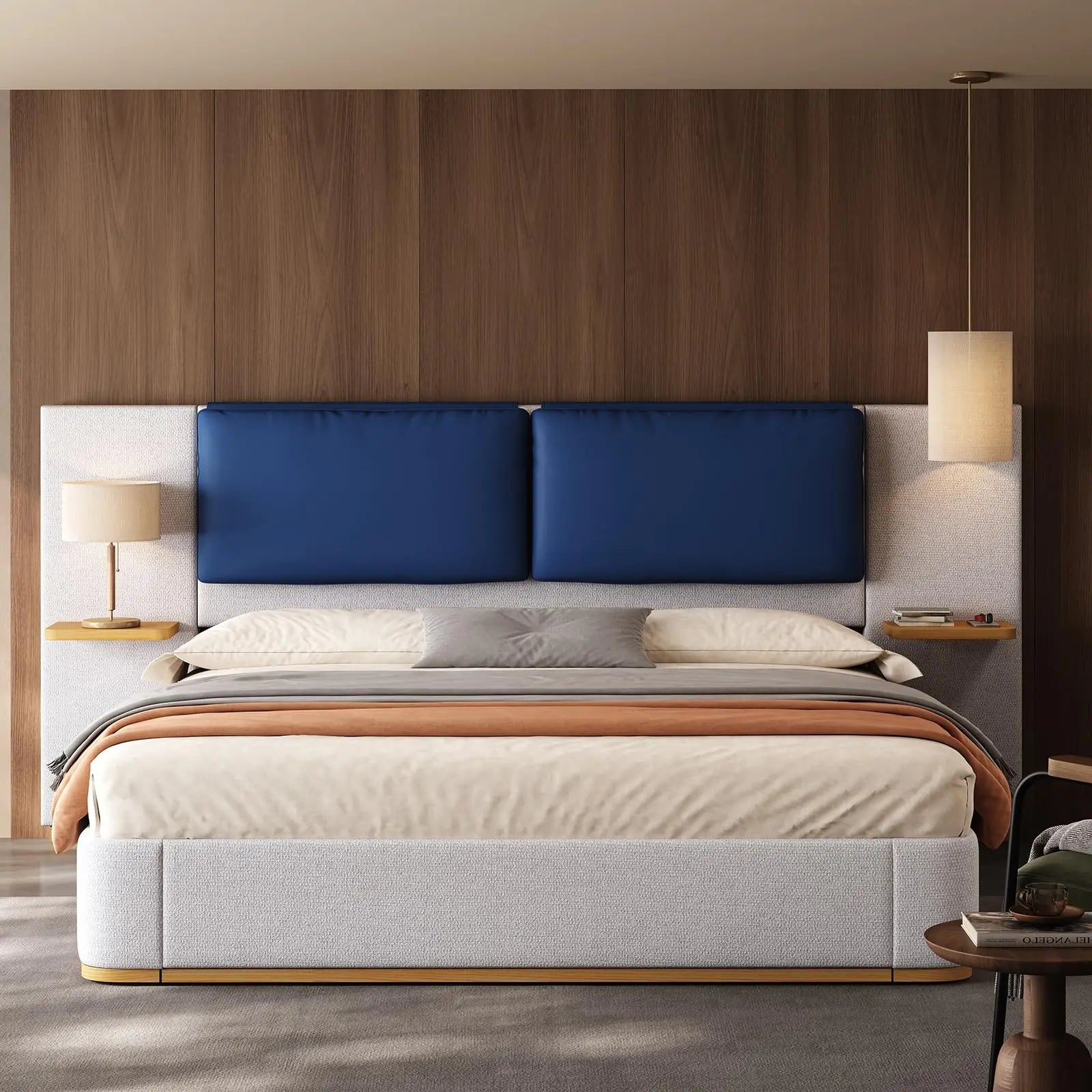 Queen Size Upholstered Bed Frame with integrated Shelves,Thick Headboard and Footboard,Wooden Structure Solid, Noise-Free,No B