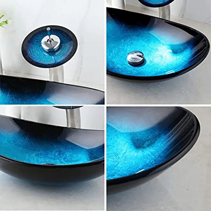 Oval Blue Bathroom Vessel Sinks With Faucet