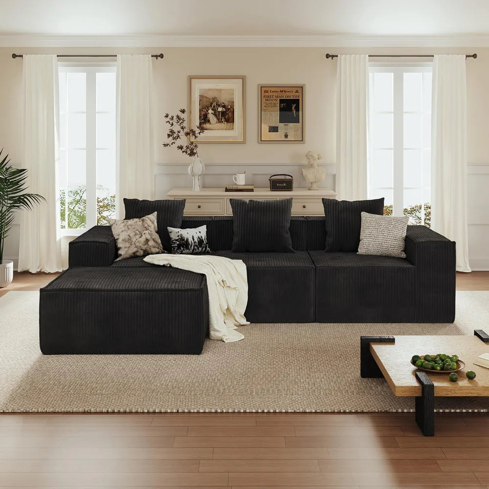 110” Sectional Couches, 3 Seat Grey Corduroy Boneless Couches Sofa Bed with Pillows