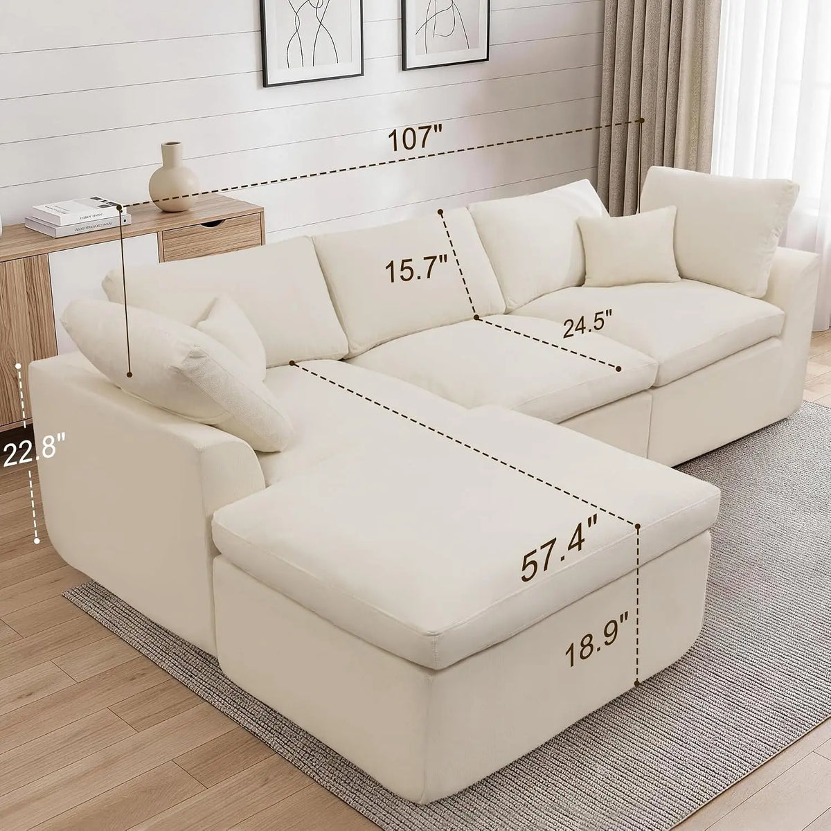 110" Modular Sectional Sofa with Ottoman, Deep Seat Fluffy Chenille, L-Shape Couch
