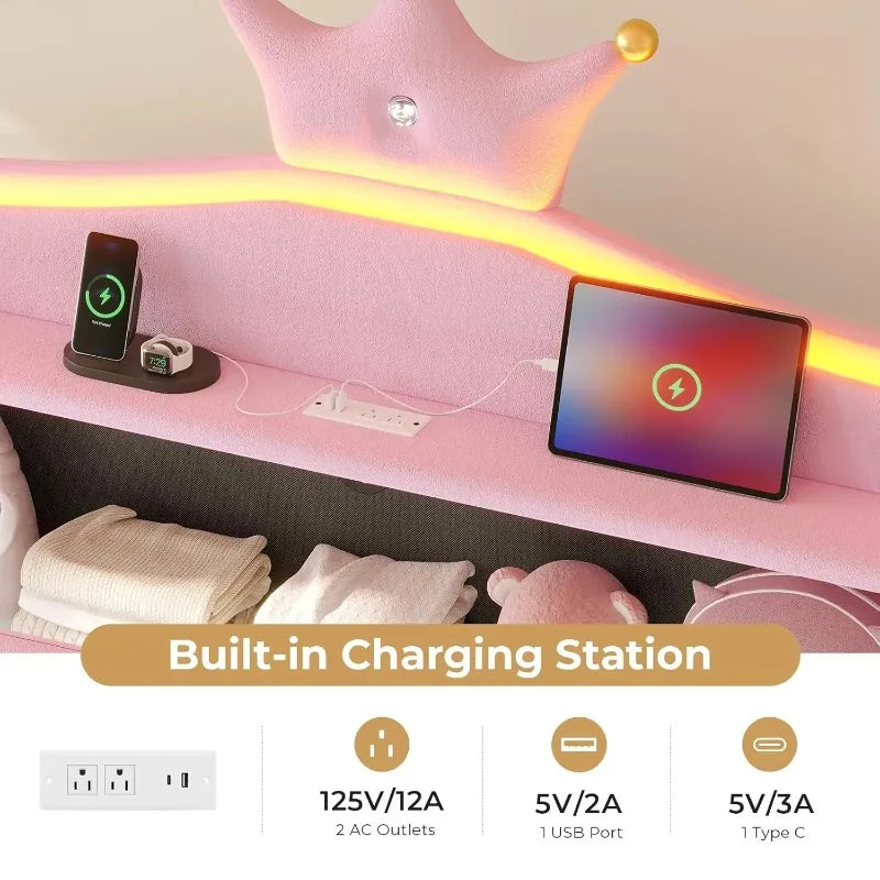 Pink Upholstered Twin Bed Frame with LED Lights & Charging Station for Girls Bedroom