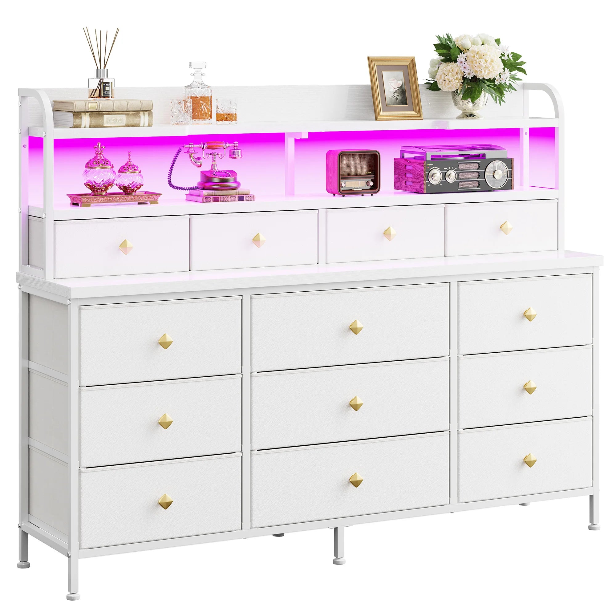 13 Drawer Fabric Dresser with LED Lights and Shelves