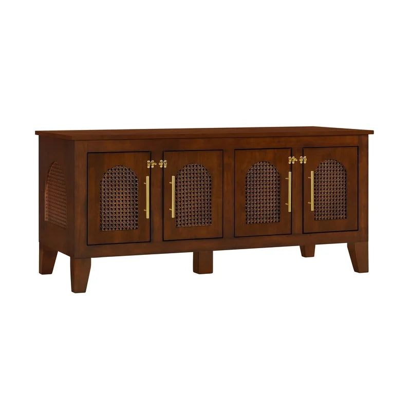 Large Indoor Rattan-Style Rubber Wood Dog Crate Cabinet with 4 Doors