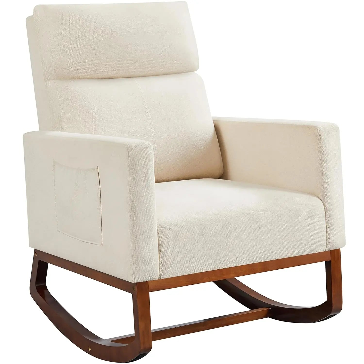 Leather Rocking Chair High Back Side Pocket Wood Legs