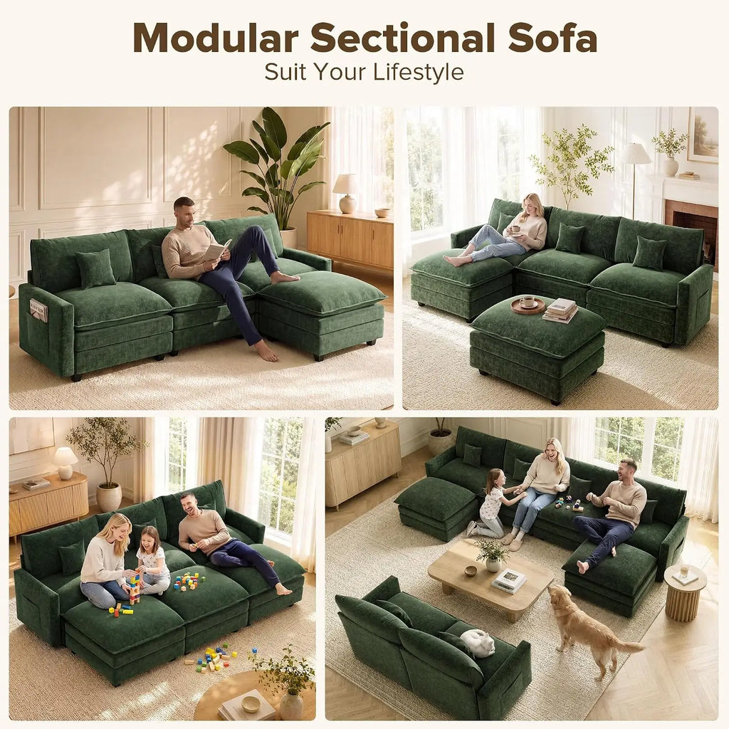 108 Inch Cloud Couch Sectional, Modular Sectional Sofa with Ottoman, Green
