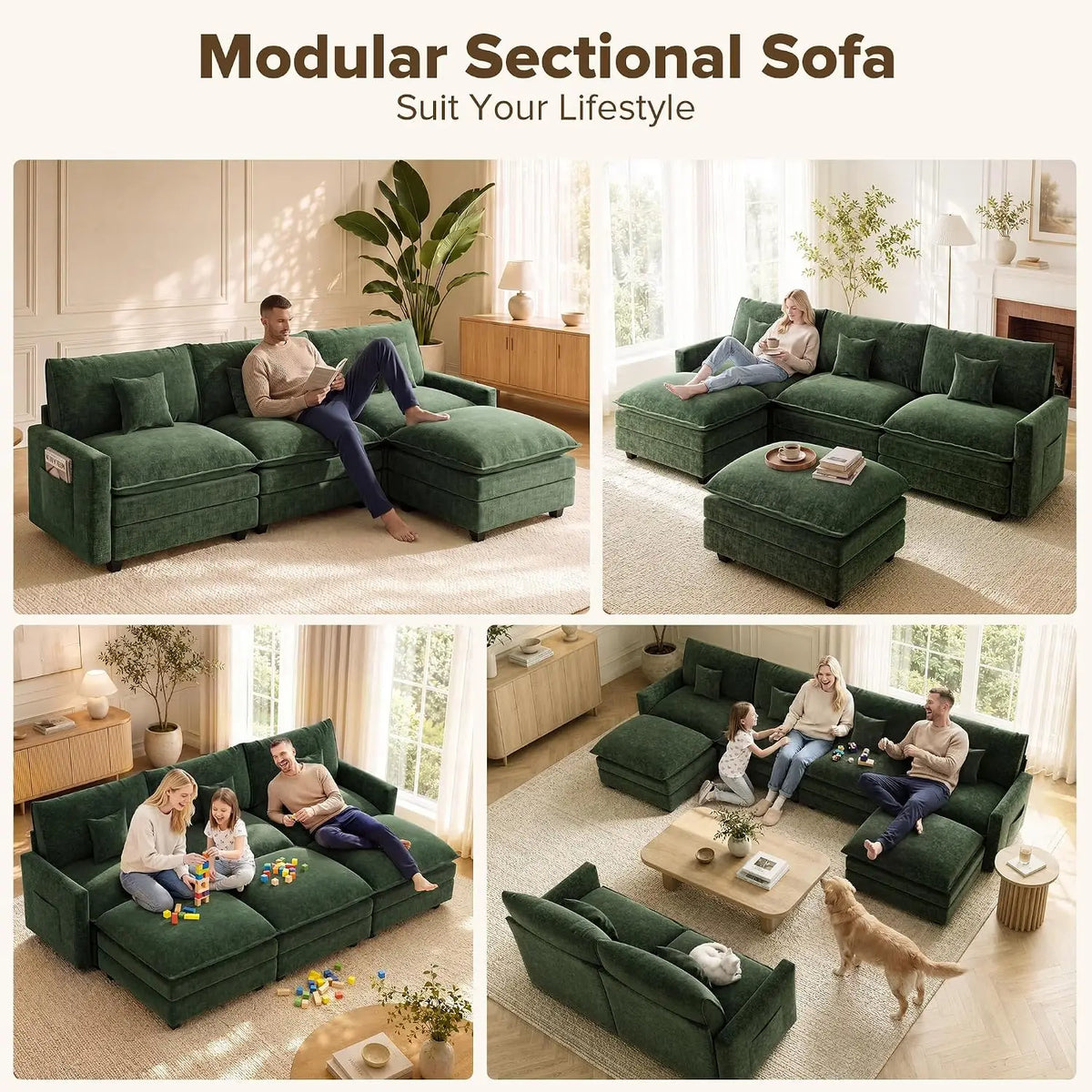 108 Inch Cloud Couch Sectional, Modular Sectional Sofa with Ottoman, Green