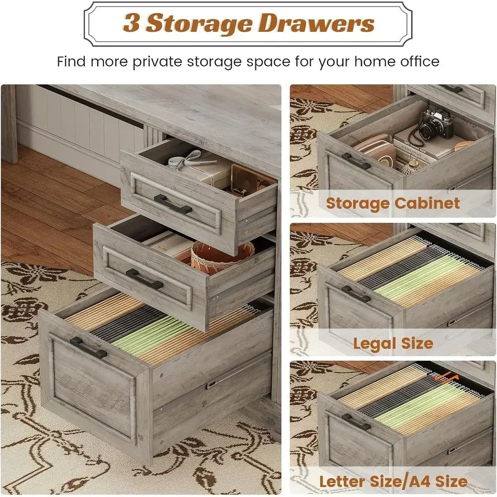 L-Shaped Office Desk with Drawers, Storage, and Power Outlet in Grey