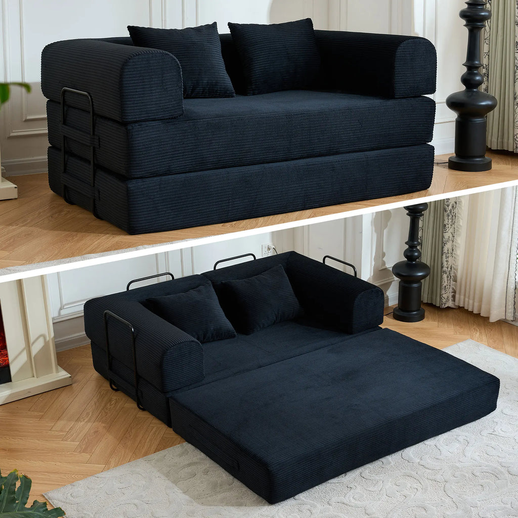 59" Boneless Folding Convertible Sofa Bed, Small 2-Seater Corduroy Futon Floor Couch