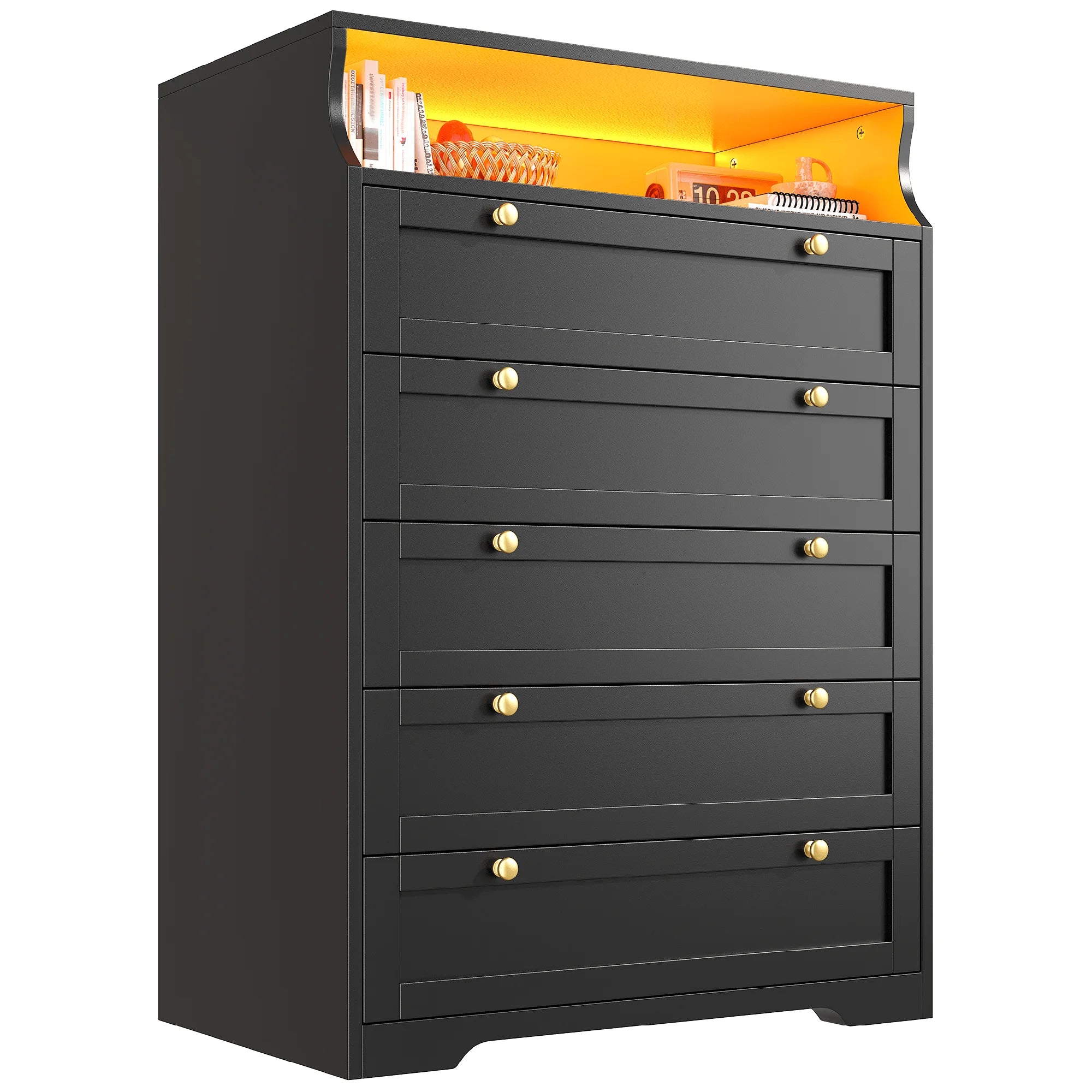 Tall 5 Drawer Dresser with LED Lights and 2 Shelves
