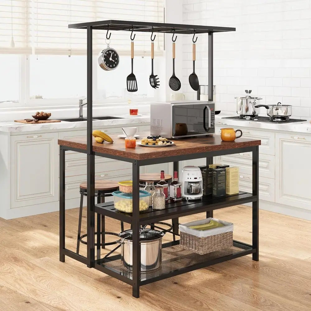 42 Kitchen Island with Storage, Seating, and 3-Tier Baker's Rack for Dining and Living Spaces