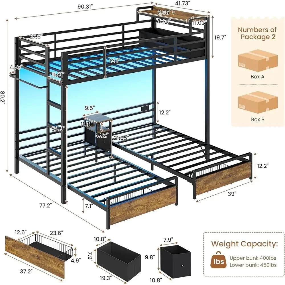 Triple Bunk Bed with Storage Drawers and Charging Station