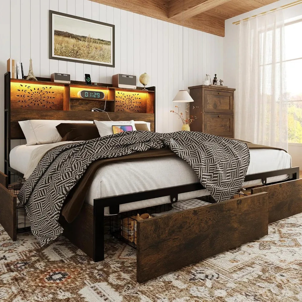 King Bed Frame with 6 Storage Drawers and Carving Headboard,