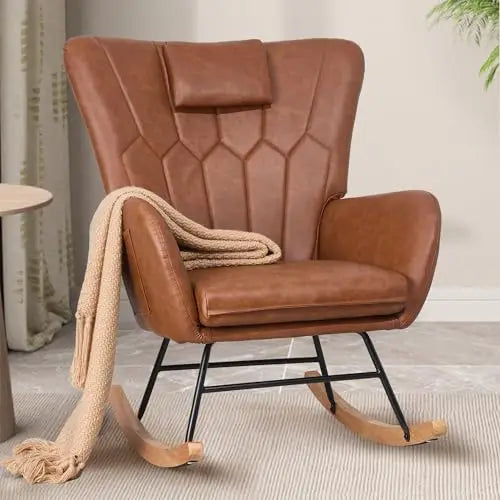 Brown Leather High-Back Rocking Armchair With Quilted Backrest