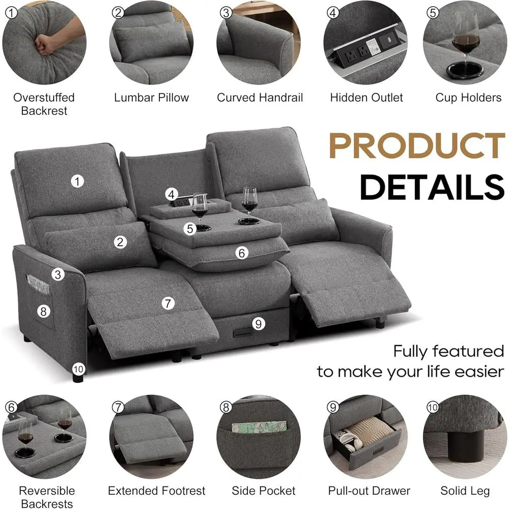 74'' RV 3 Seater Recliner Soa, Linen abric Three Camper Couch 3 Seater Recliner, Home Movie Theater Seating Chair, 3 Person Push