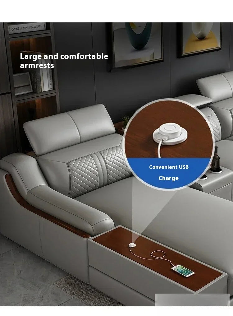 Stylish Italian Genuine Leather Sofa for Living Room with USB, Adjustable Headrests & Bluetooth Speaker