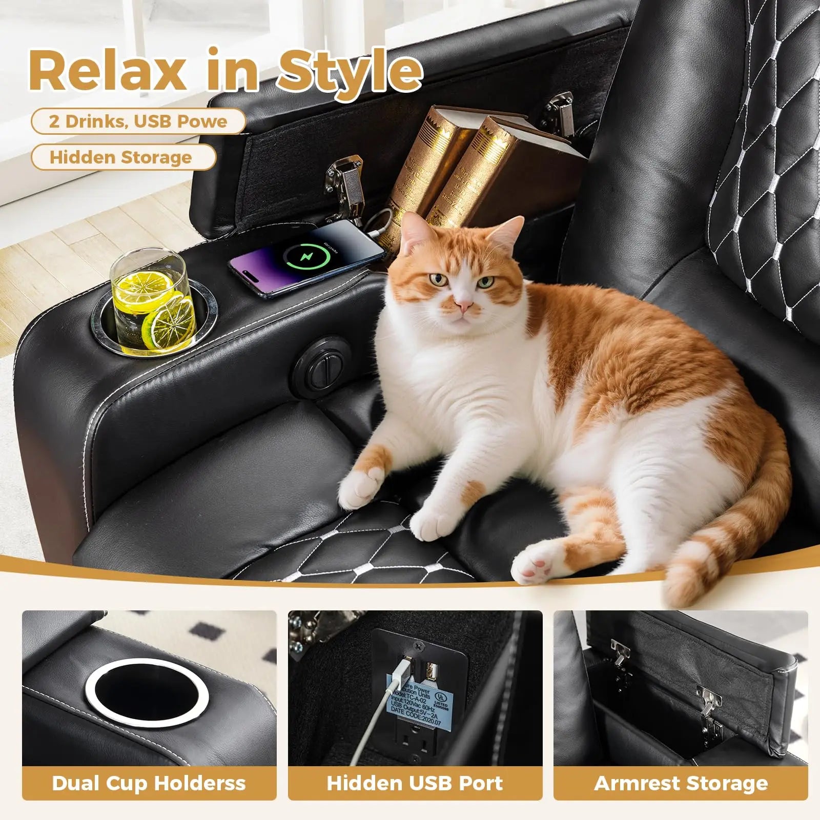 Electric Power Recliner Chair with USB Ports and Cup Holders
