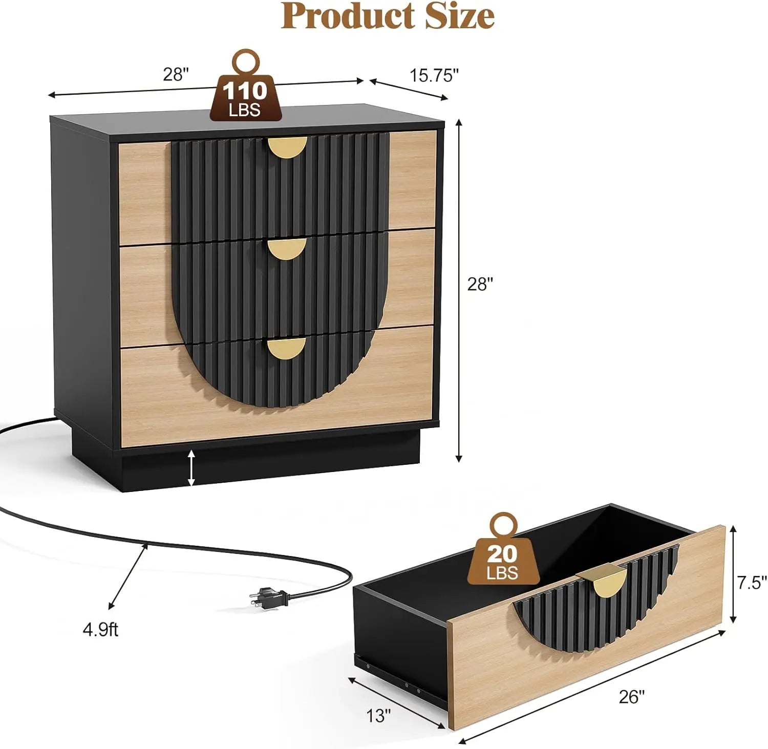 3 Drawer Nightstand with Charging Station