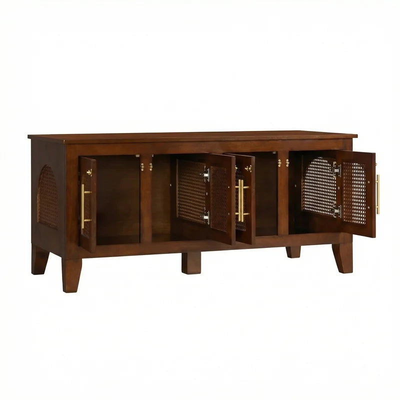 Large Indoor Rattan-Style Rubber Wood Dog Crate Cabinet with 4 Doors