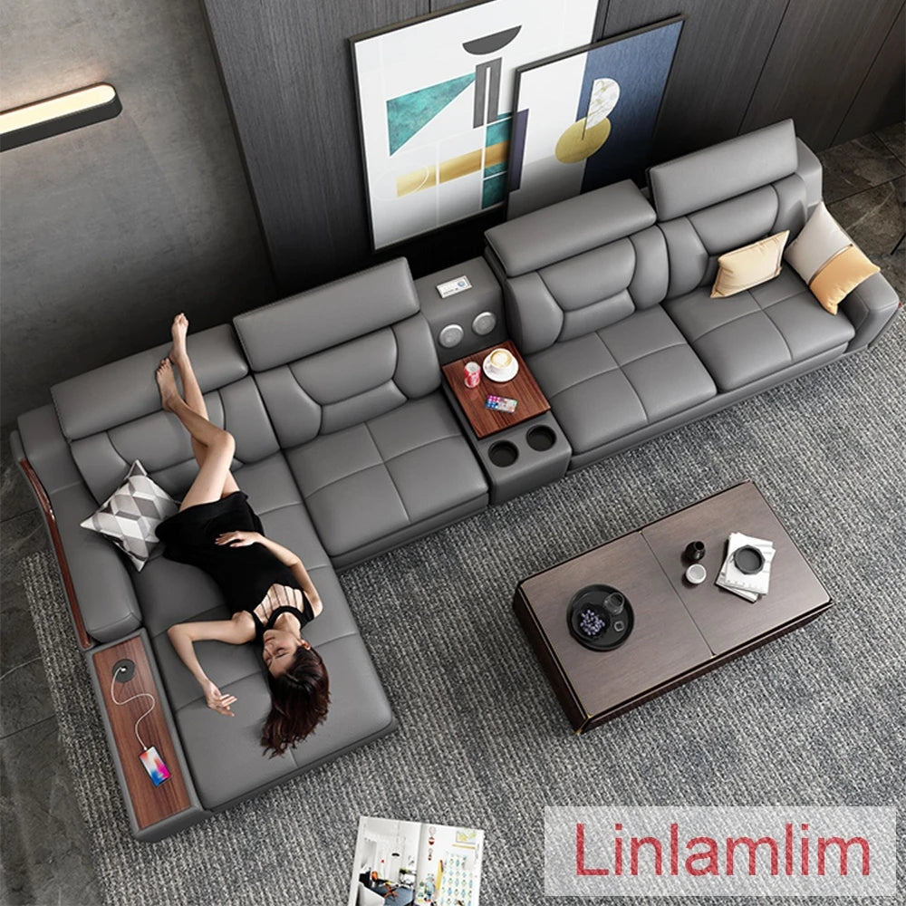 Italian Genuine Leather Sofa - Bluetooth Speaker, USB Charging