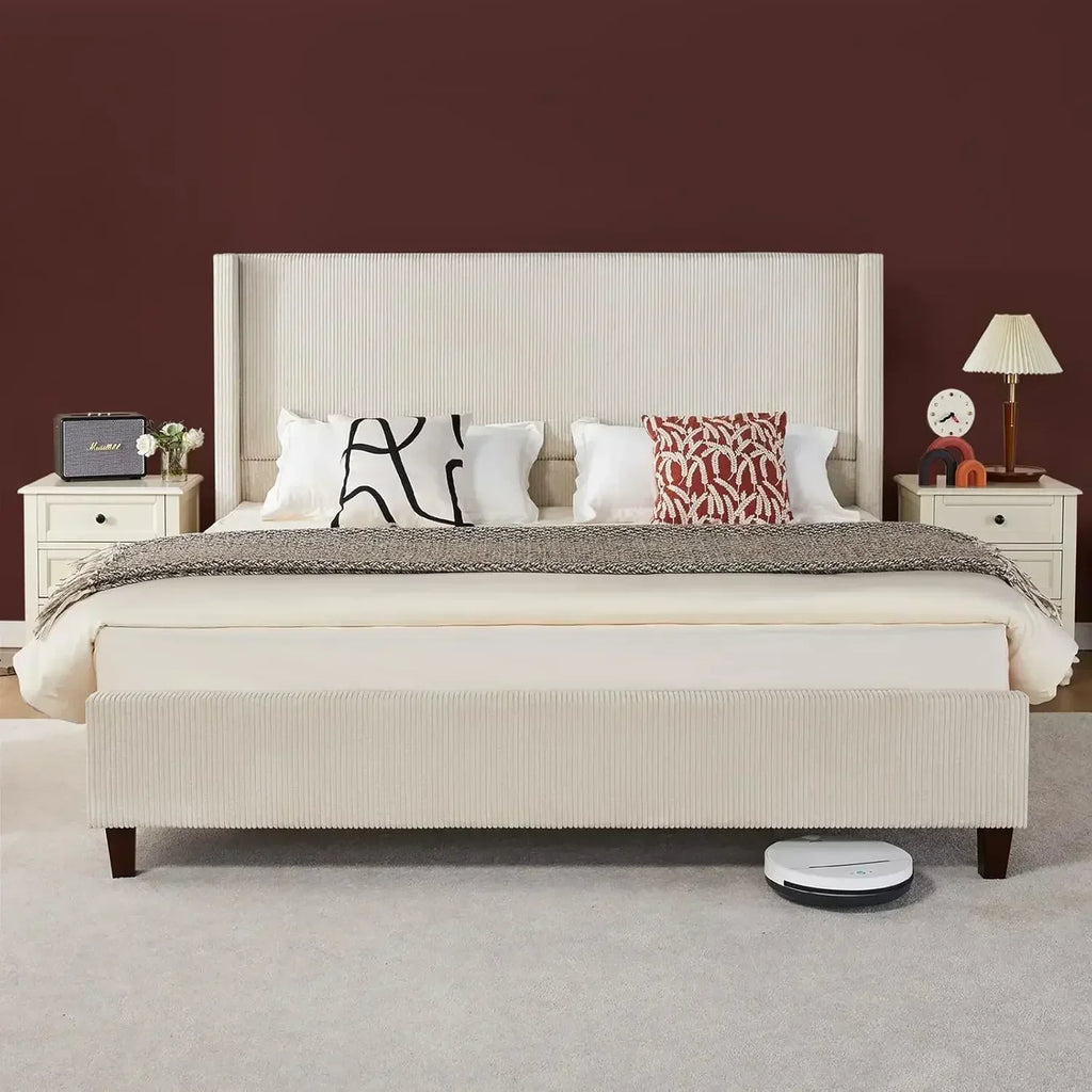 King Size Platform Bed Frame, 50.8" Corduroy Upholstered Bed with Vertical  Slats/Wingback