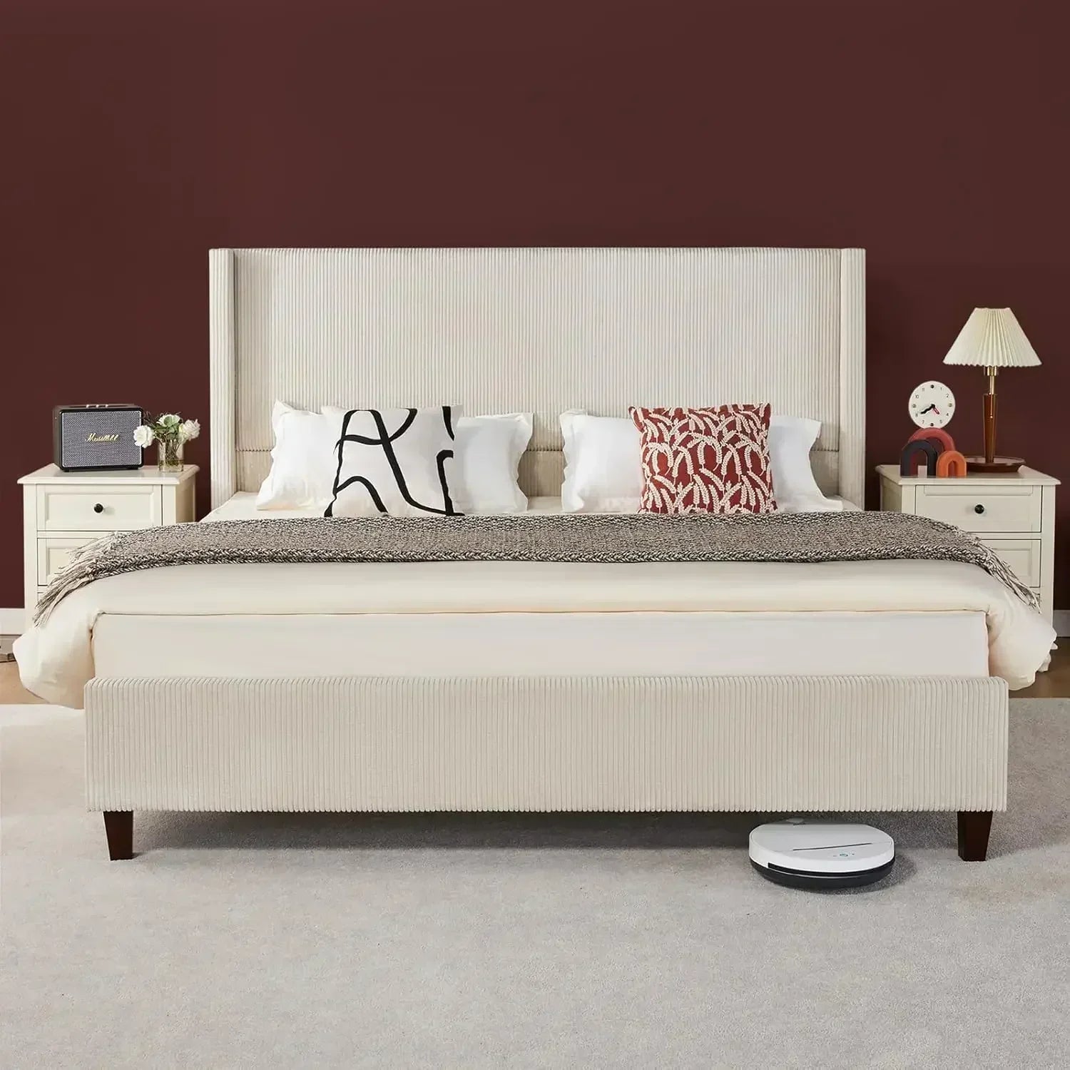 King Size Platform Bed Frame, 50.8" Corduroy Upholstered Bed with Vertical  Slats/Wingback