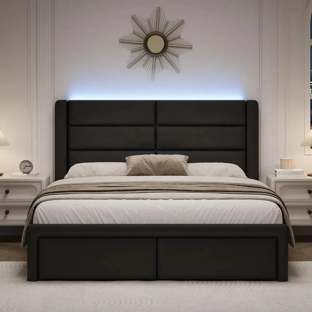 Queen LED Bed Frame with Headboard, Faux Leather Upholstery, Wooden Slats Support, Easy Assembly Black