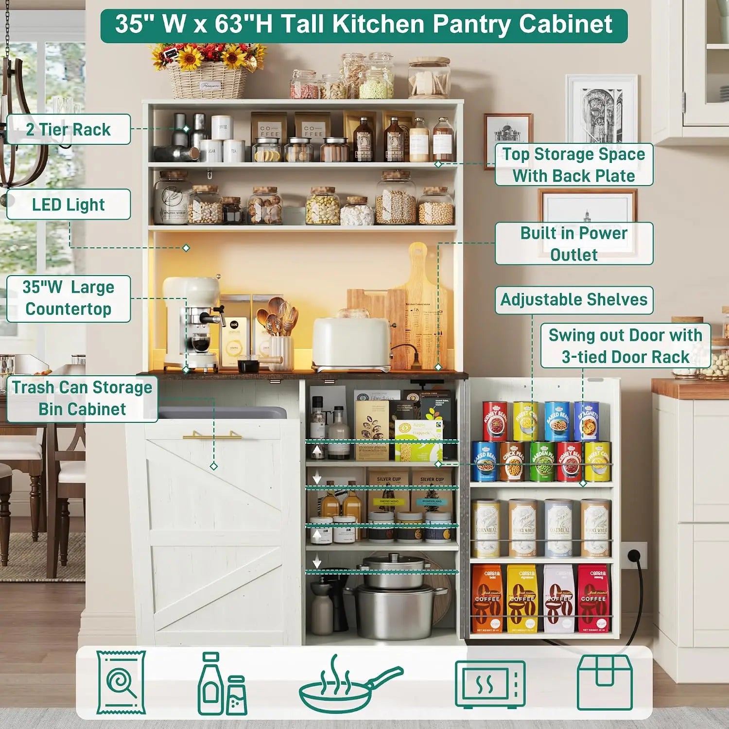 63" H Pantry Cabinets with 10 Gallon Trash Can,Led Light,Outlet,35" W Kitchen Hutch with Tilt Out Trash Can, Customized
