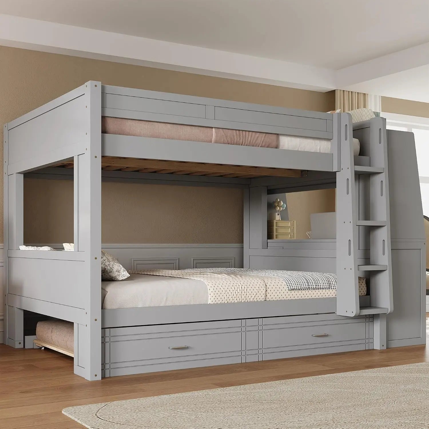 Full Size Gaming Bunk Bed with Desk, LED Lights & Trundle
