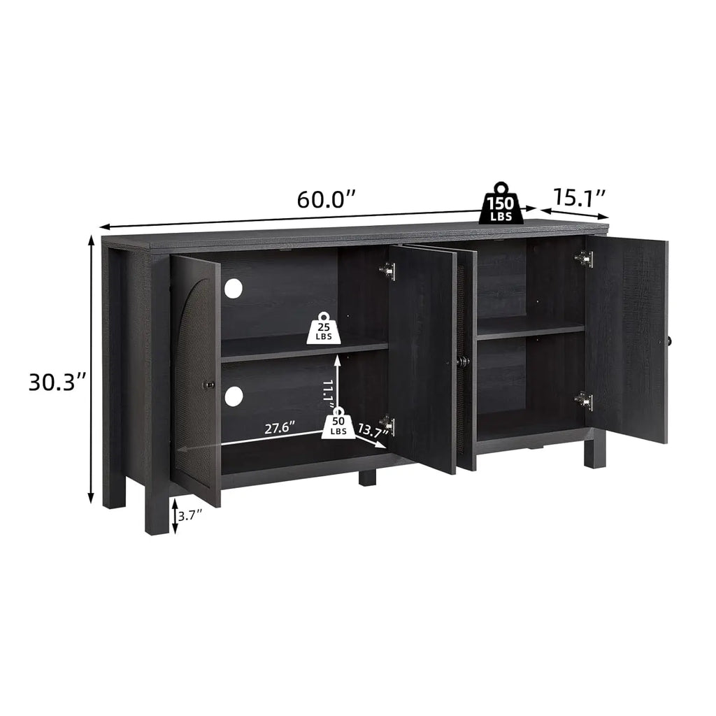 Black Rattan Sideboard Buffet Cabinet With Storage