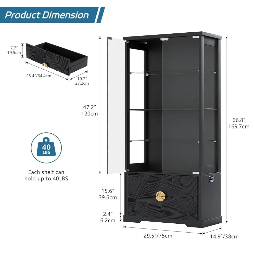 RGB Glass Display Cabinet with Door, 4-Tier Curio Cabinet