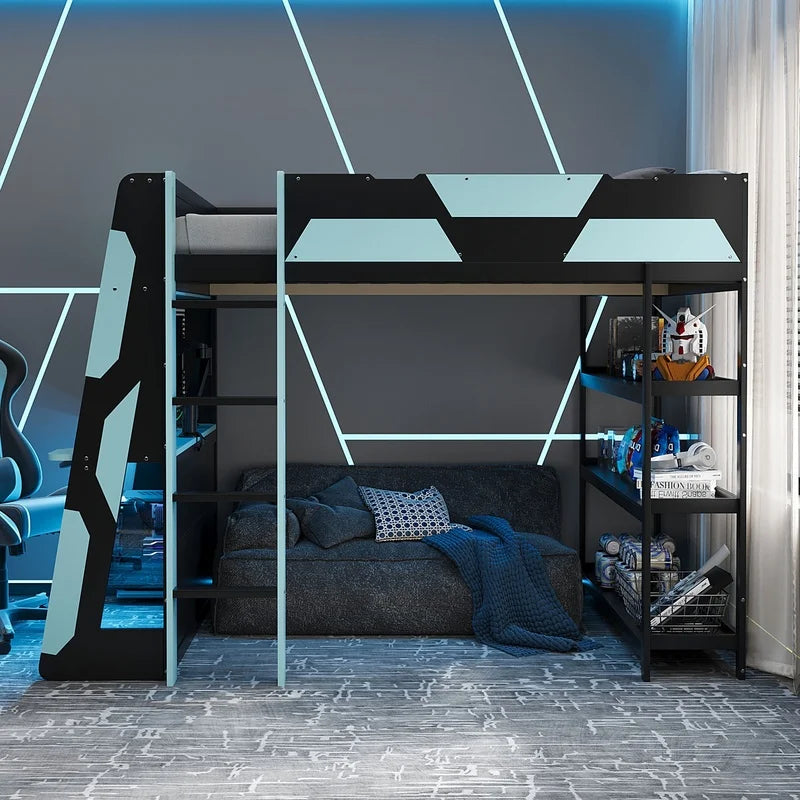 Gaming Loft Bed with Desk, Shelves, and LED Lights,