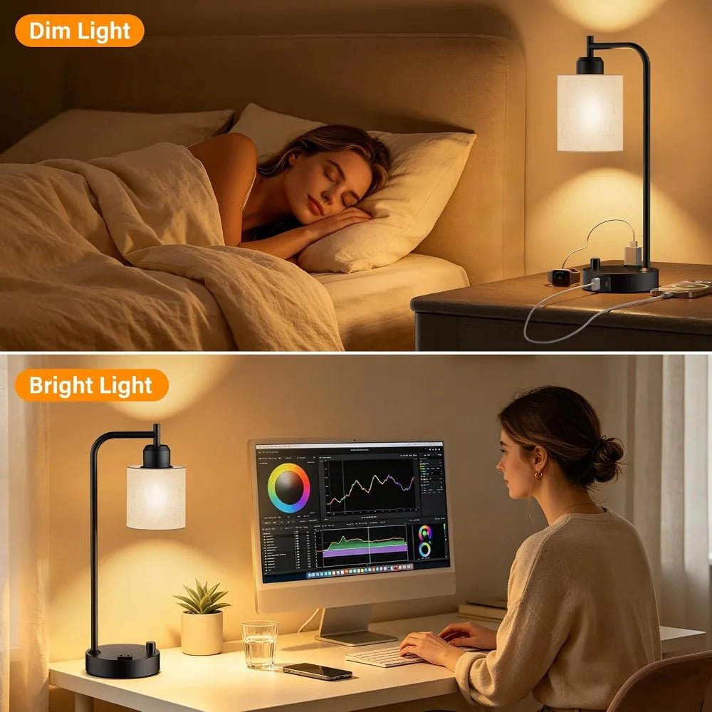 Industrial Table Lamps with Linen Shade,