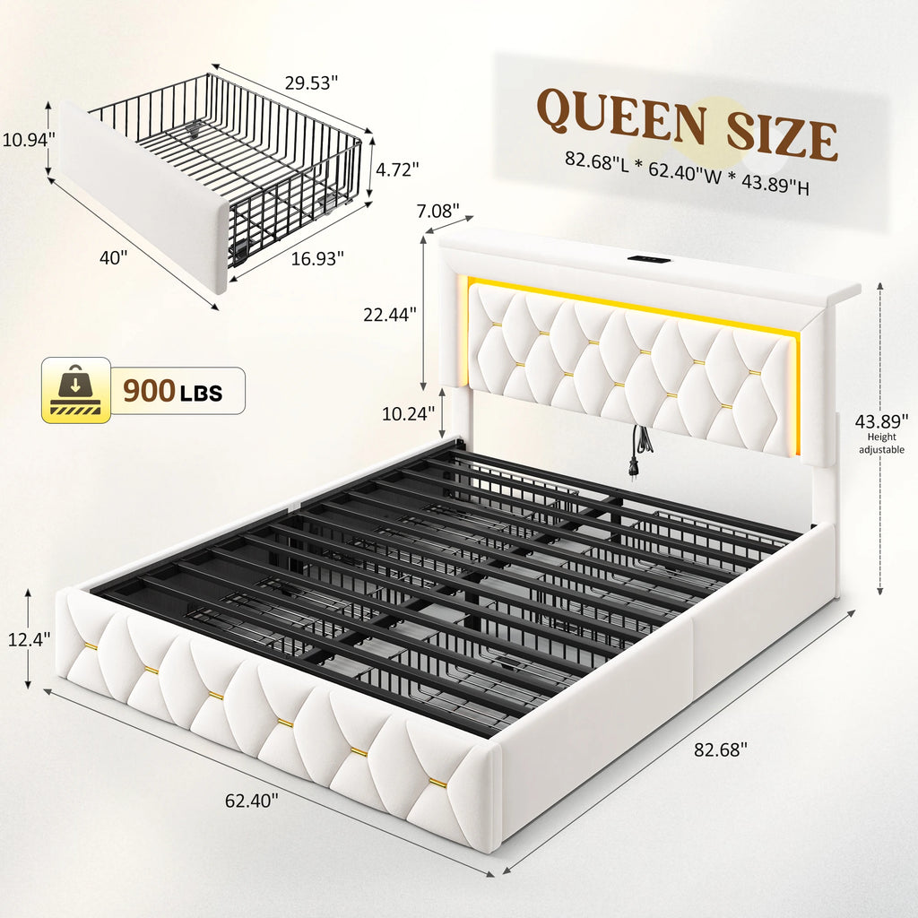 LED Bed Frame with 4 Storage Drawers Platform Bed
