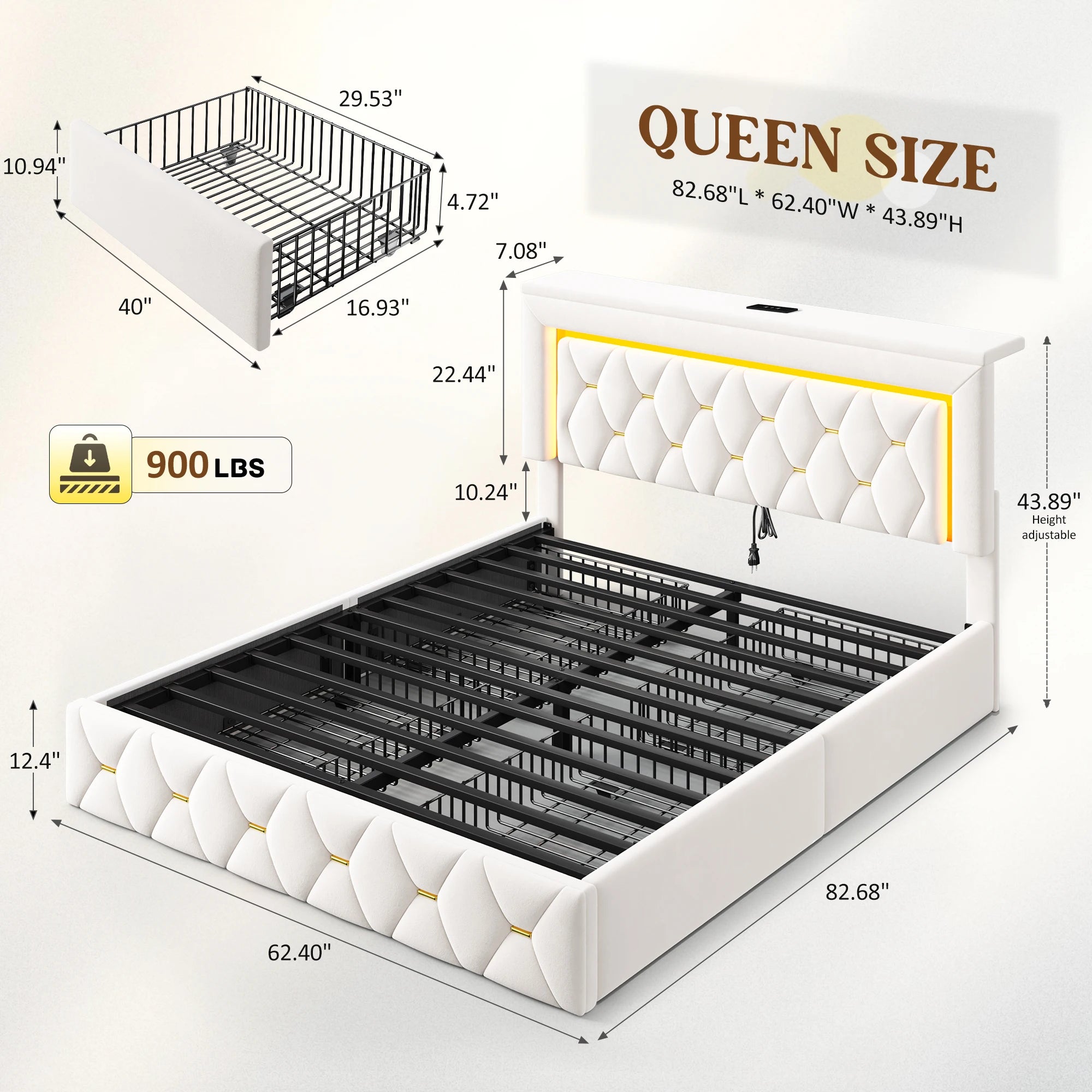 LED Bed Frame with 4 Storage Drawers Platform Bed