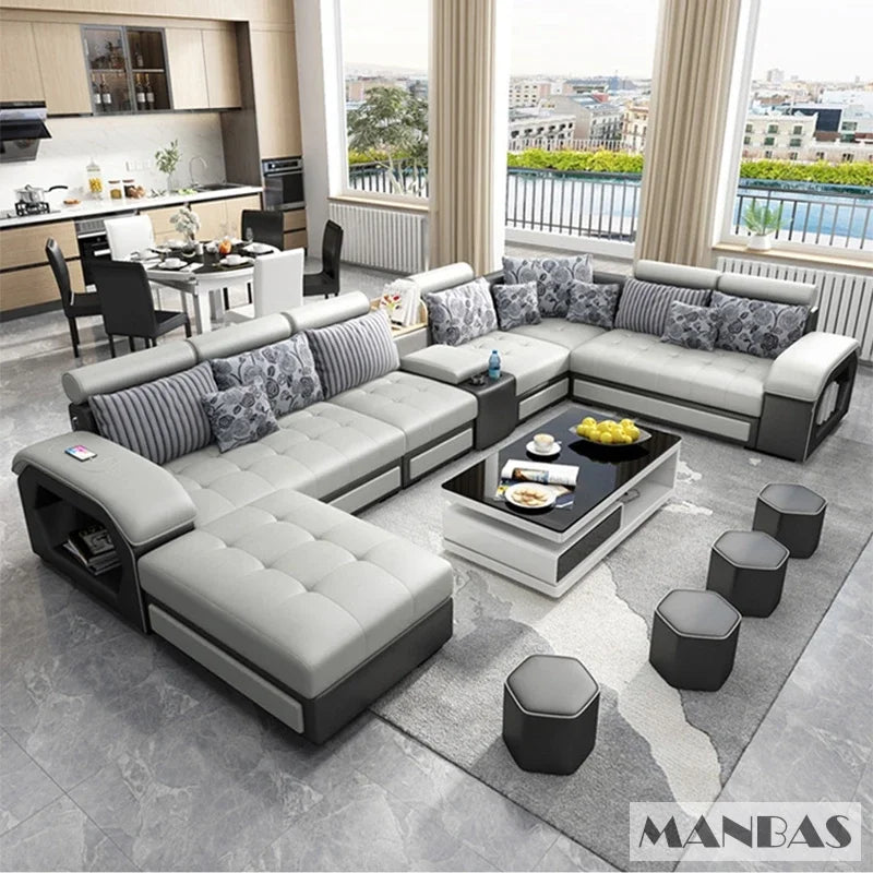 Fabric Sofa Set Furniture, Living Room Sofa Set, with USB and Stools / Big U Shape Cloth Couch Sofas for Home Furniture