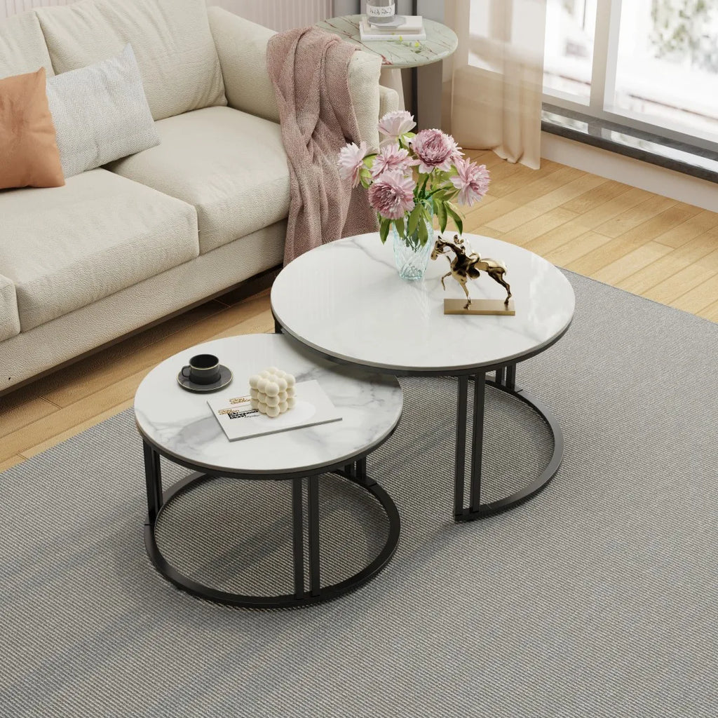 Small Living Room Table 2 Pack Round Marble Nesting