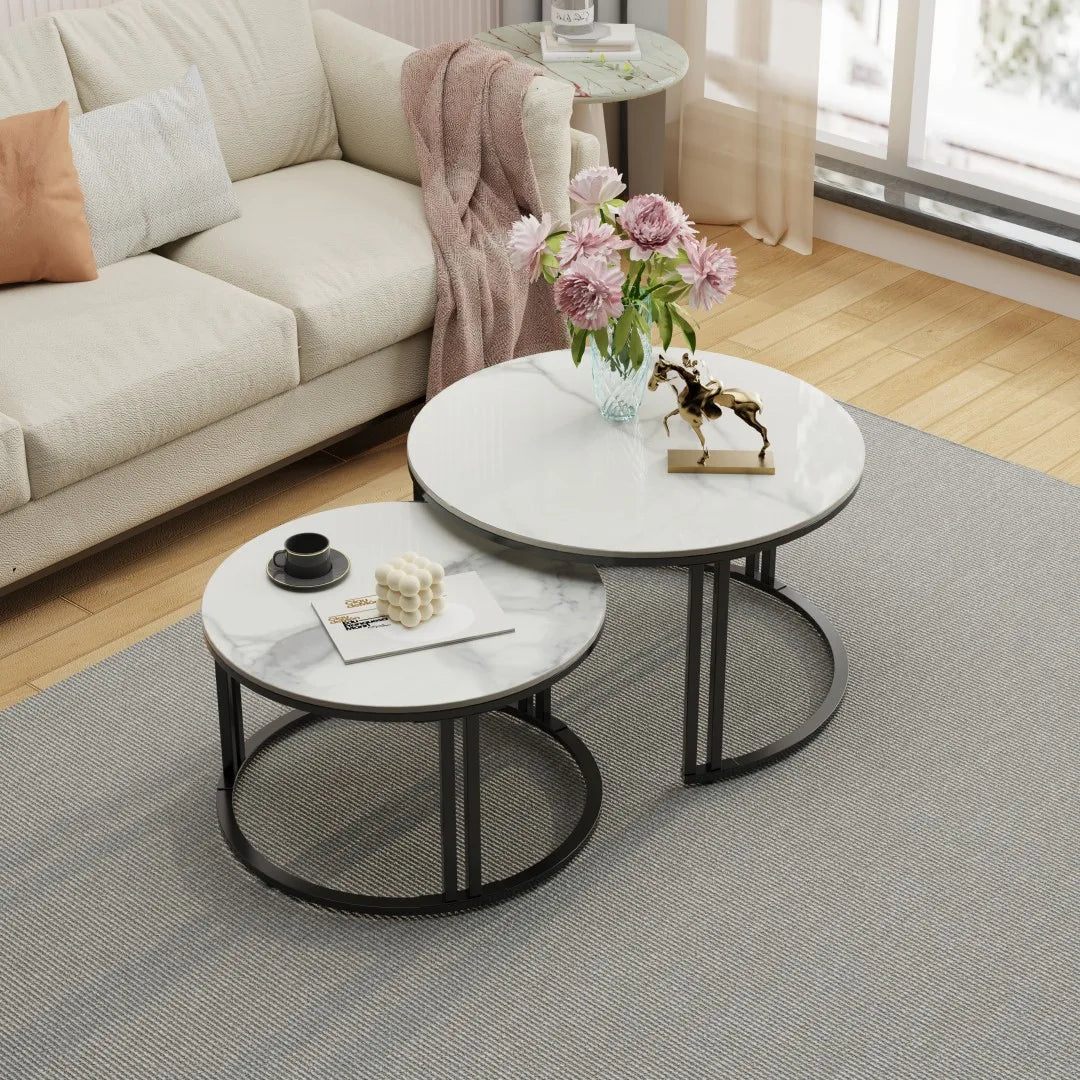 Small Living Room Table 2 Pack Round Marble Nesting