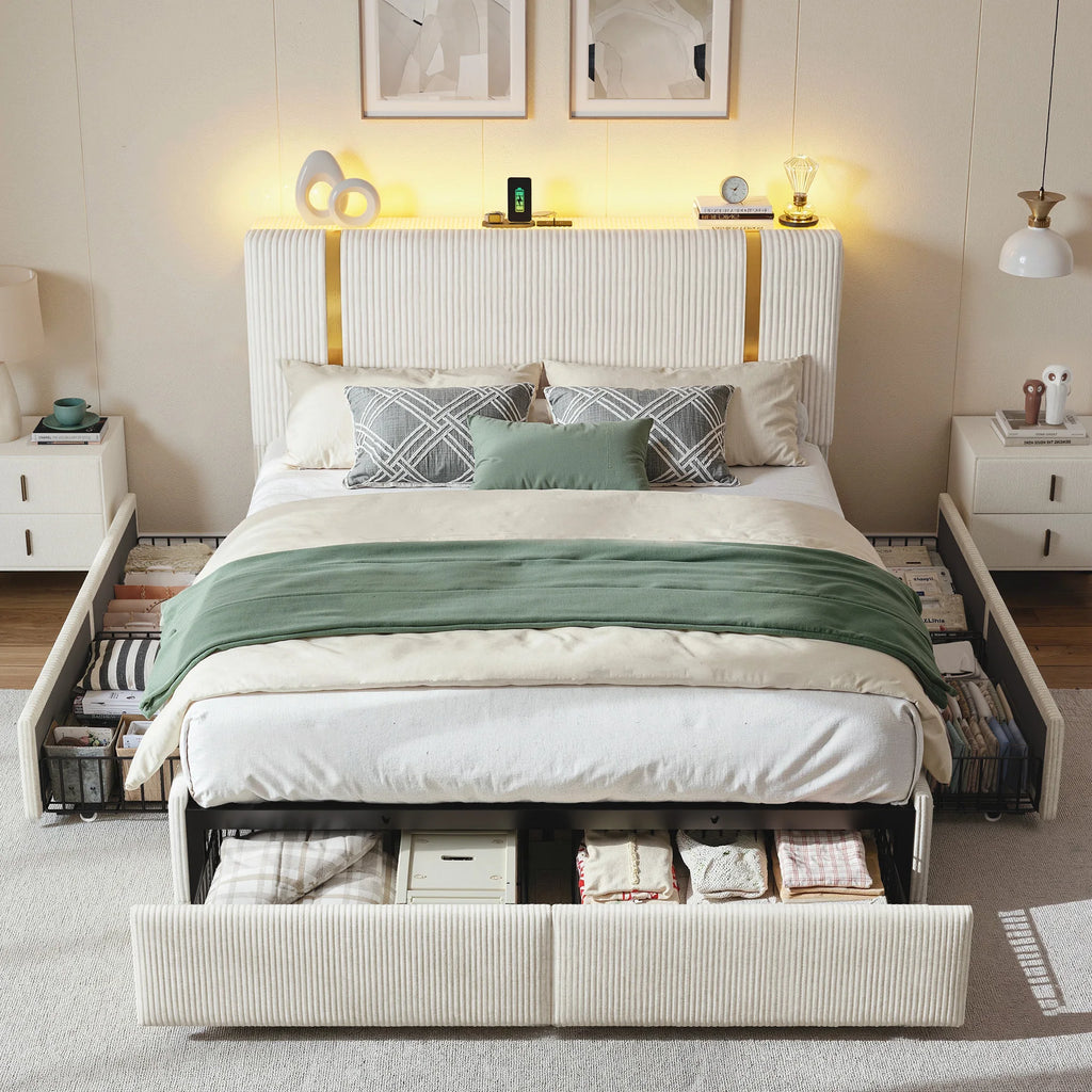 Bed Frame with 6 Storage Drawers, Soft Upholstered with LED Light