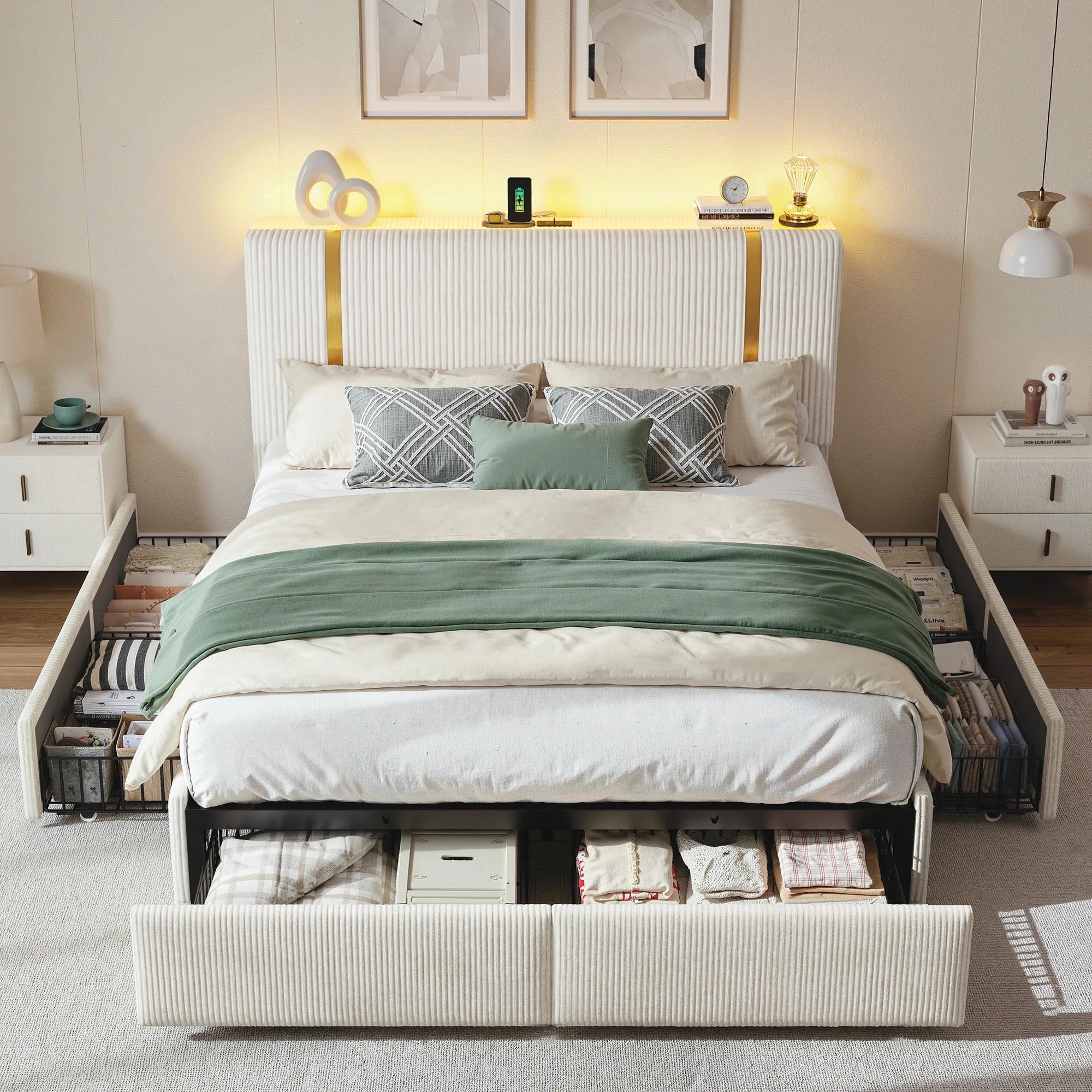 Bed Frame with 6 Storage Drawers, Soft Upholstered with LED Light