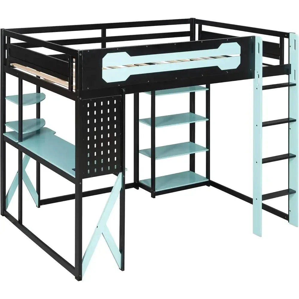 Full Size Gaming Loft Bed with Desk, USB Ports, LED Lights,