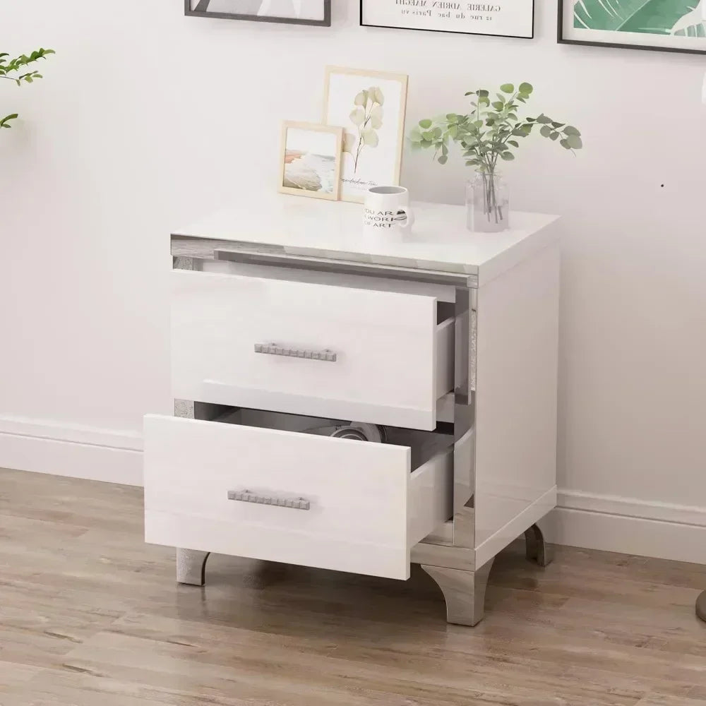 White High Gloss 2-Drawer Mirrored Nightstand