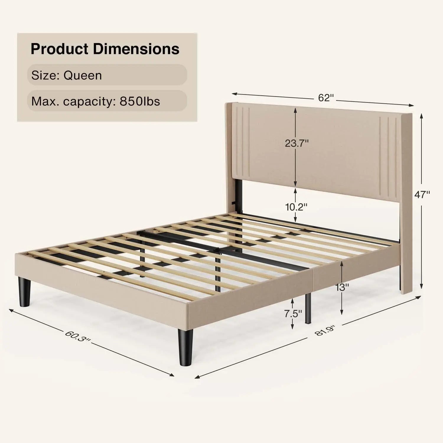 Queen Bed Frame with Wingback Headboard, Upholstered Platform Bed, Wooden Slats, Noise-Free, No Box Spring Needed,, Customized