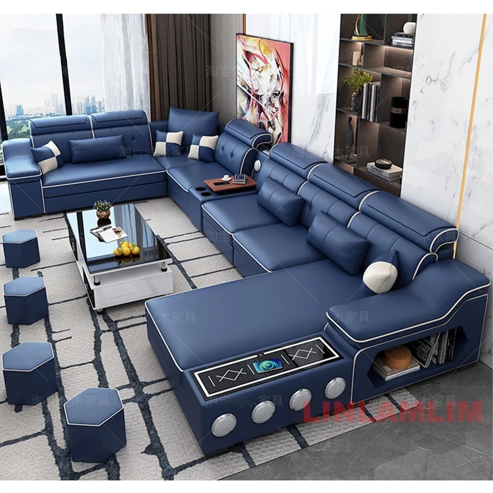Modern Scientific Fabric Sectional Sofa Set Chaise Lounge, Bluetooth Speakers, USB Charging Ports