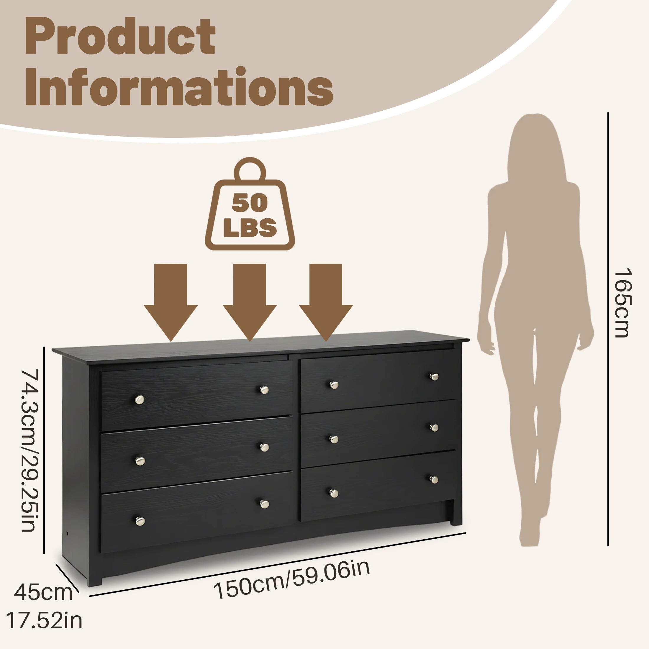 Wood 6 Dresser Drawers Cabinet